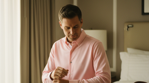 Homme ajustant sa chemise infroissable Beau-fils en polyamide recyclé