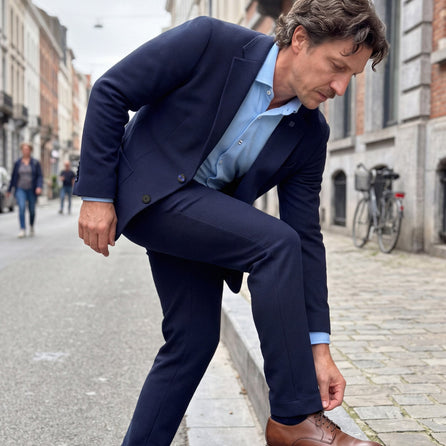 Beau-fils Travel Suit — blazer et pantalon navy en maille piquée