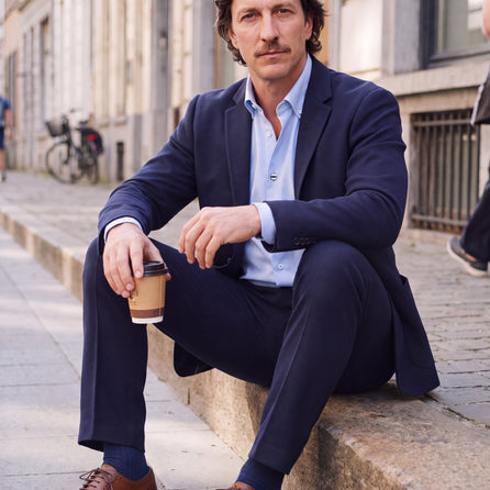 Beau-fils Travel Suit — blazer et pantalon navy en maille piquée